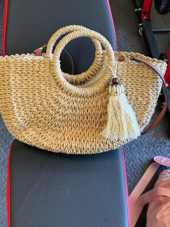 Unbranded Handbags - Half Moon Woven Straw Handbag with Tassel and Brown Leather Accents